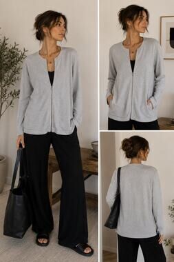 Eileen Fisher Gray Zip Front Jacket Women Large Minimalist Organic Cotton Layer